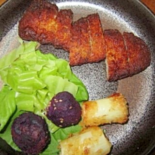 葱豚カツ紫芋団子